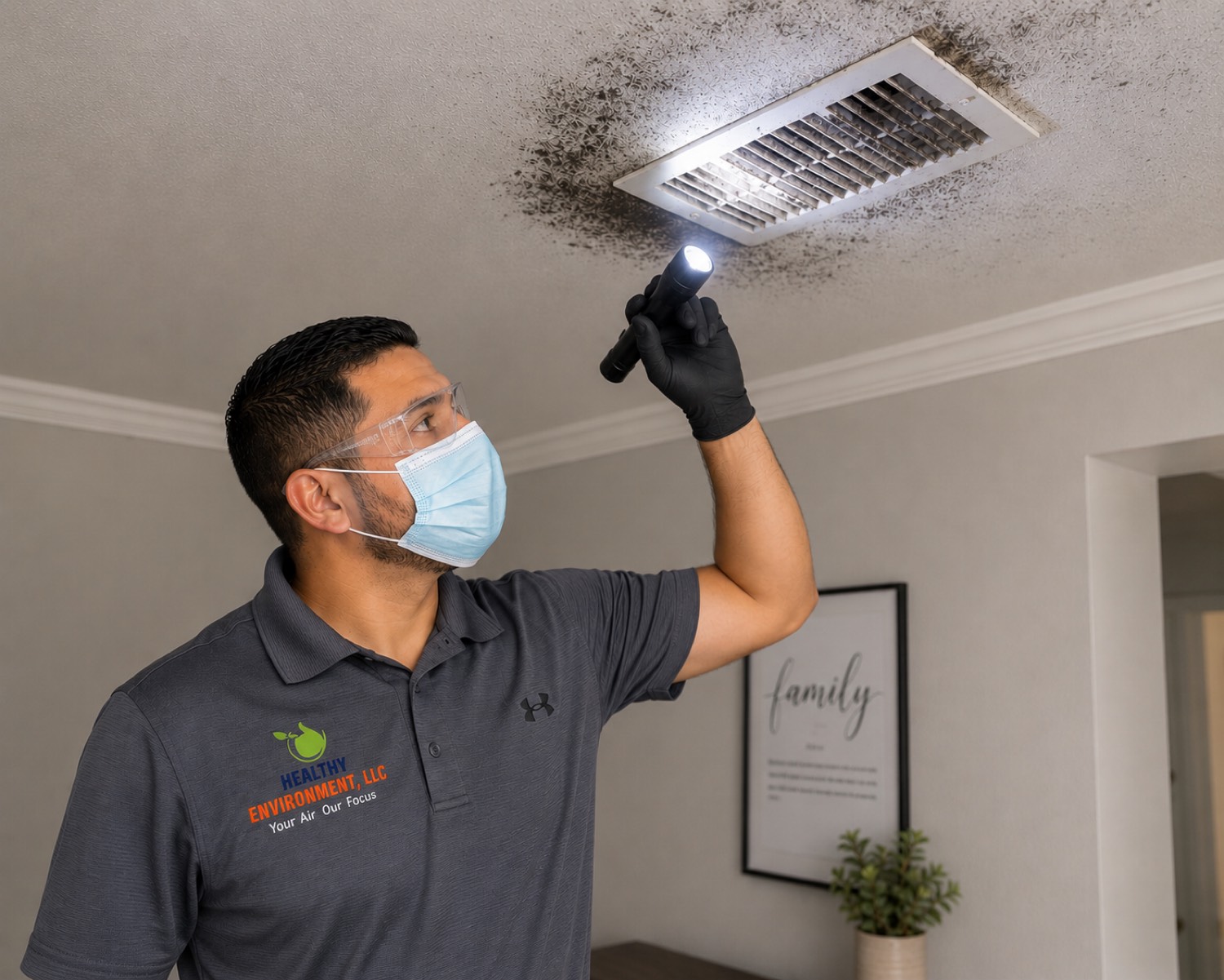 Healthy Environment technician inspecting mold around a ceiling air vent in Sugar Land